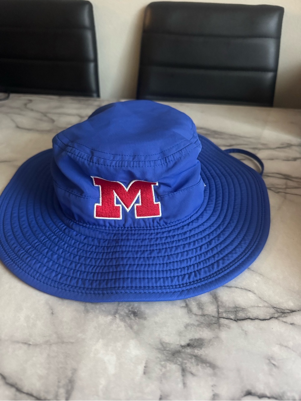 Blue Bucket Hat with Red M Logo Adjustable Chin Strap